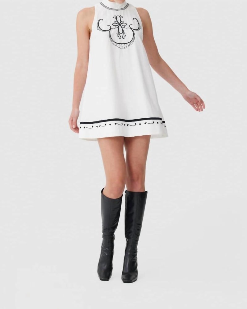 Front of a model wearing a size X-Large Twiggy Mini Dress in Porcelain in Porcelain by KEEPSAKE. | dia_product_style_image_id:345239